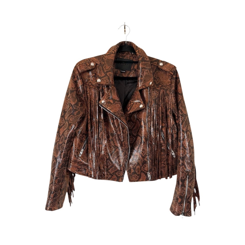 BlankNYC Vegan Leather Snake Skin Print Fringe Sleeves Moto Jacket size M - Picture 9 of 9